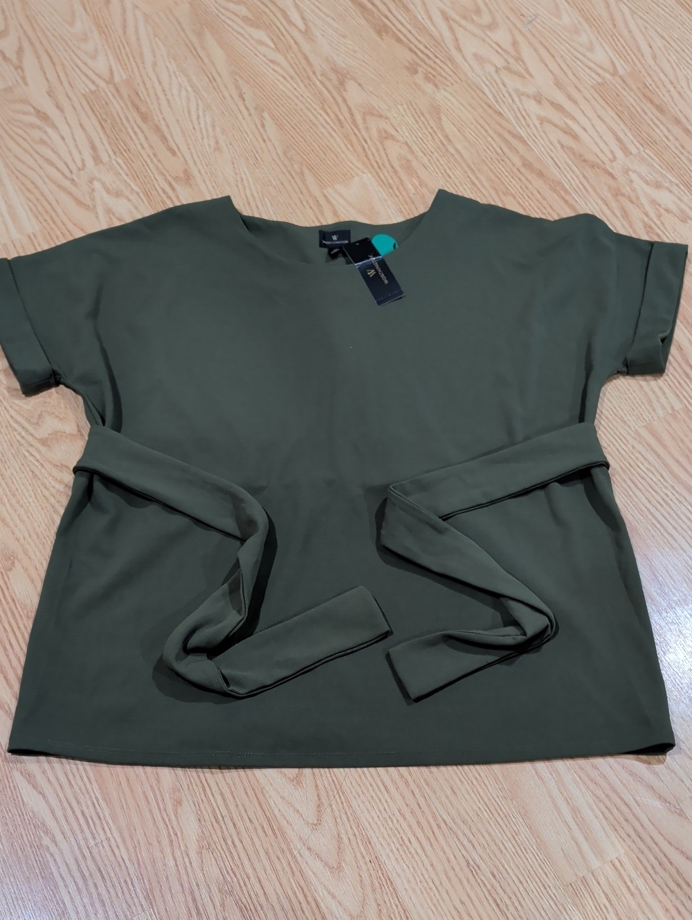 Worthington Olive Green Short Sleeve Blouse, With Tie-waist Belt XLarge. NWT - Picture 4 of 10